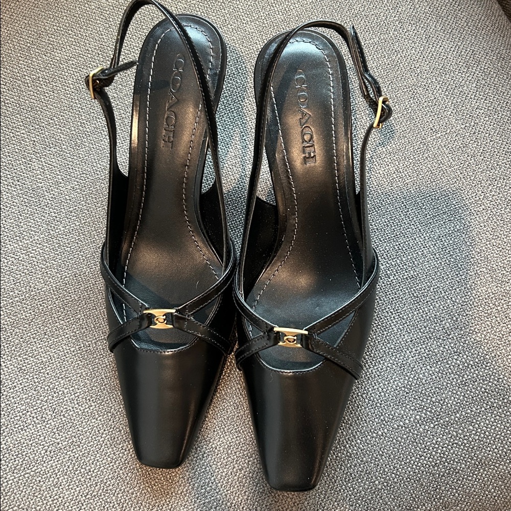 Coach Pointed Toe Kitten Heel slingback pumps. Black with Gold Hardware